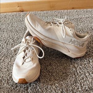 Hoka Cream Athletic Shoes with Tan Accents